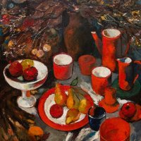«Красная посуда». 1988 г., 100х90, картон, масло. Запорожский областной художественный музей.