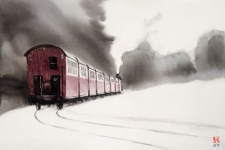 Поезд в зиму.  Бумага, акварель, 56Х38.
