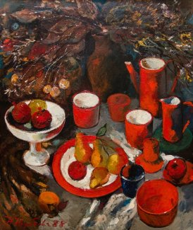 «Красная посуда». 1988 г., 100х90, картон, масло. Запорожский областной художественный музей.