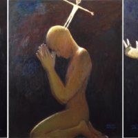 Триптих «Иерофания»: 1 – «Художник и модель» (120х95); 2 – «Молитва» (120х100); 3 – «Веселые воробышки» (120х100). Холст, масло. 2014 год