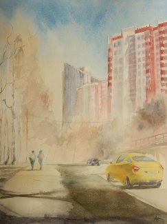 «Москва, Ленинский проспект». Акварель, бумага, 30,5х45,5 см. 2019 г.