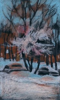 «Зима в Кунцево». Тонированная бумага, масляная пастель. 18х30 см. 2019 г.